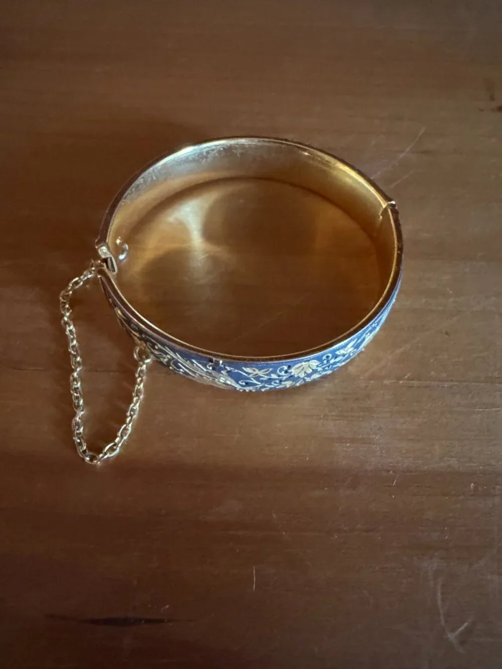 Vintage Damascene Gold Black Hinged Bracelet With Chain Bird-of-paradise